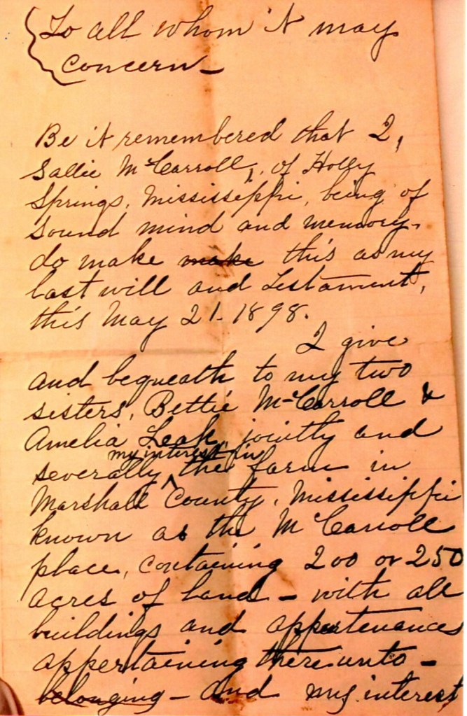 Last will and testament of Sallie McCarroll